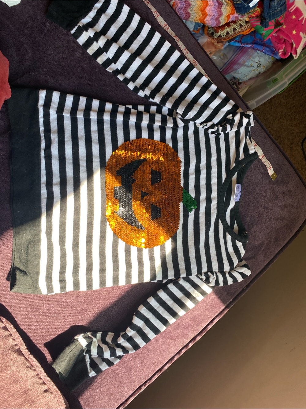 Girls Black & White Striped Sequin Pumpkin Top L